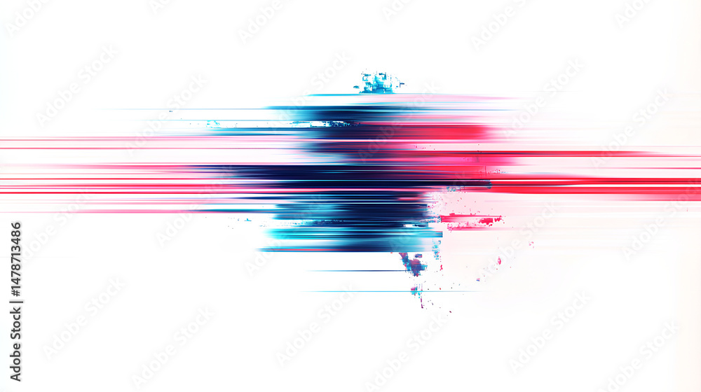 Naklejka premium Abstract glitch effect with horizontal lines in blue and red tones, isolated on a clean white background. Concept of digital distortion
