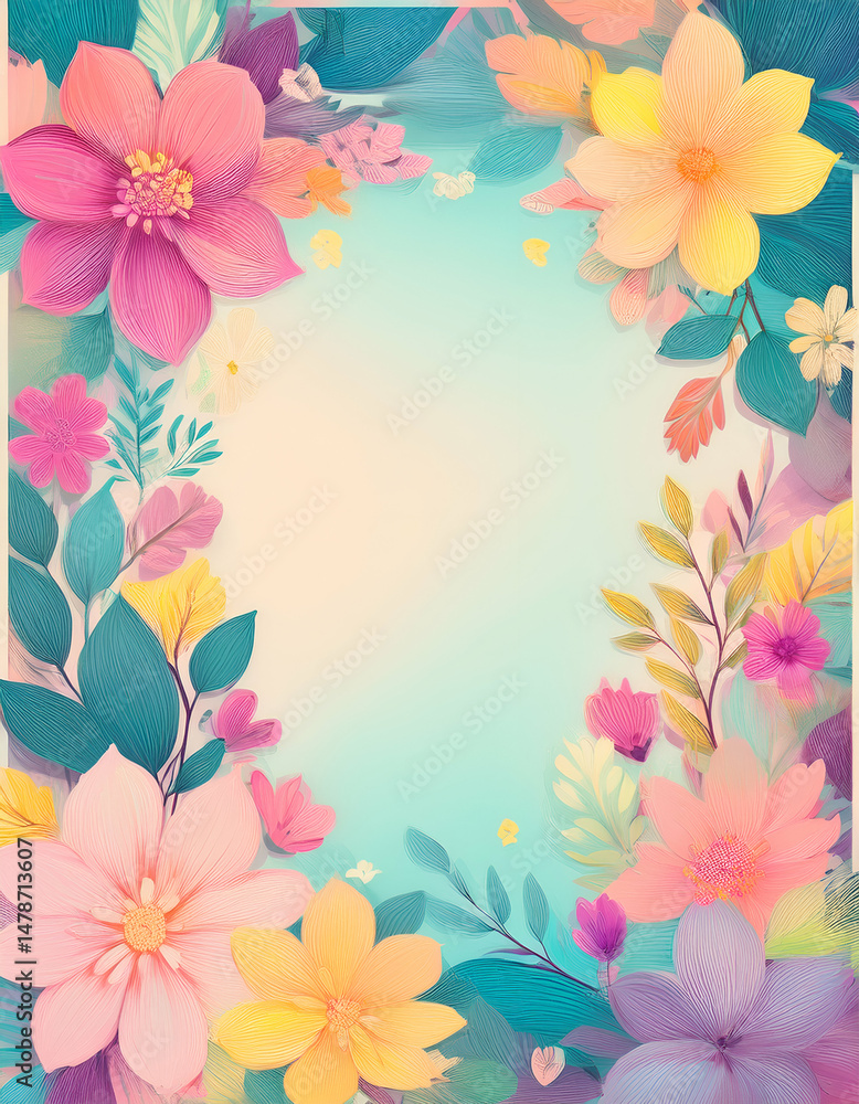 Fototapeta premium A colorful floral border design with vibrant flowers and leaves on a soft background.