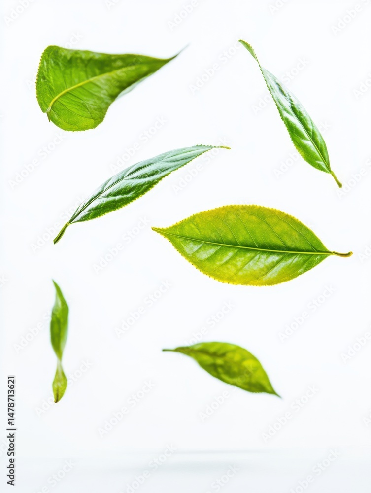 Floating tea leaves on white background overhead shot fresh green foliage herbal ingredient nature element Floating tea leaves on white background overhead shot fresh green foliage herbal ingredient nature element