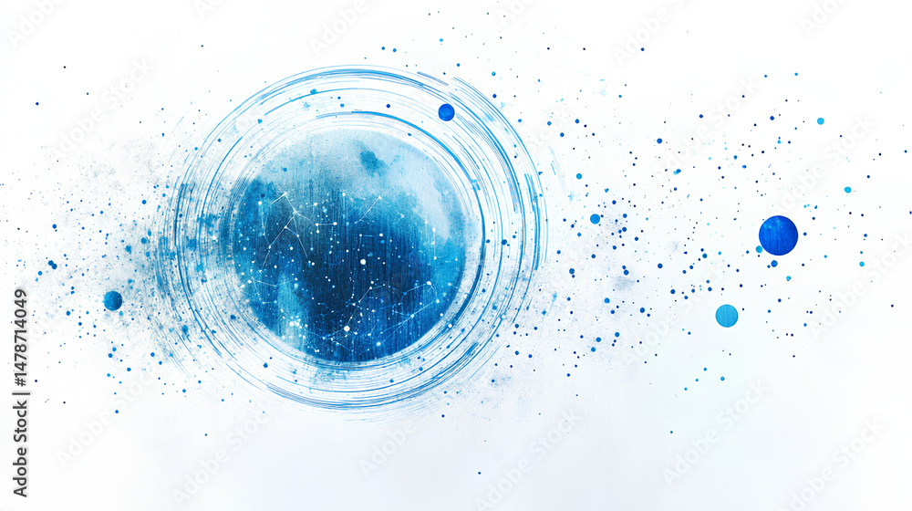 Fototapeta premium Abstract globe illustration with blue dotted continents and orbit-like circular lines on a white background, concept of digital connectivity