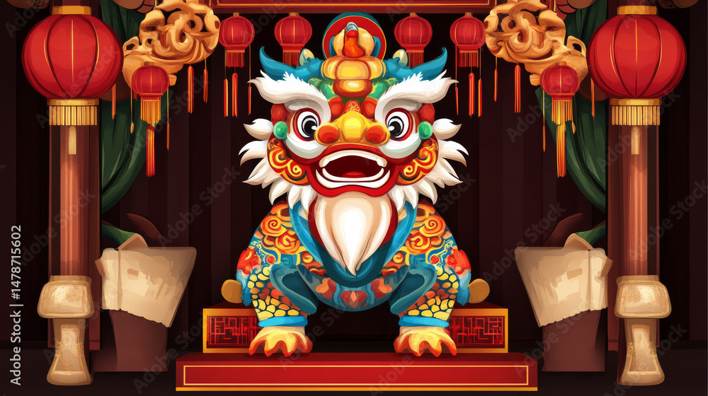 Fototapeta premium and colorful lion statue, symbolizing strength and protection, is prominently displayed festive setting adorned with red lanterns and intricate decorations. This captures essence