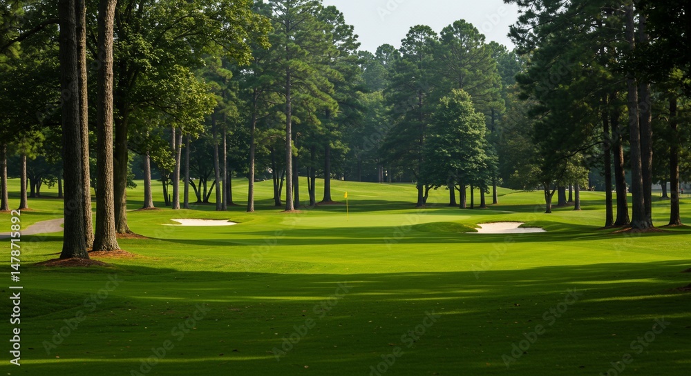 Obraz premium 緑輝くゴルフ場 木々が生い茂る美しいコース