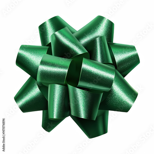 Glossy green metallic gift bow with shiny ribbon loops in star shape, festive decoration element for holidays and celebrations, isolated on transparent background.