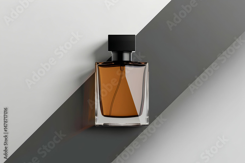 A stylish perfume bottle with a dark cap, set against a geometric background.
