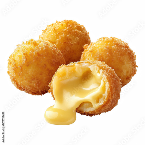 Crispy fried cheese balls with melting cheese filling in realistic style, delicious savory snack perfect for appetizer or fast food, isolated on transparent background.
