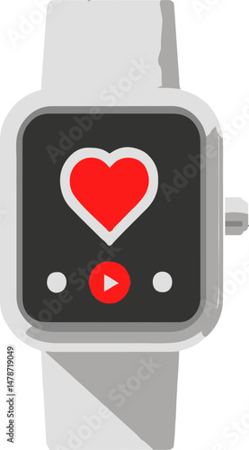 Flat minimal bold silhouette icon of fitness tracker watch silver silhouette with a red accent detail health wellness icon