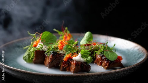 Wallpaper Mural Seared Meat Cubes with Orange Spheres and Herbs on Dark Plate Torontodigital.ca