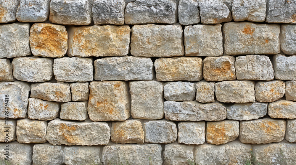Stone Wall Texture: A close-up of a textured stone wall constructed with varying sizes of grey and tan stones, showcasing the unique patterns and details of the wall's construction. Stone Wall Texture: A close-up of a textured stone wall constructed with varying sizes of grey and tan stones, showcasing the unique patterns and details of the wall's construction.