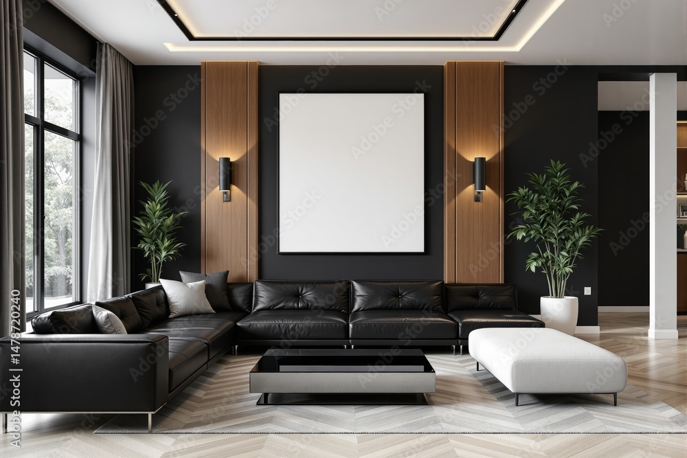 Elegant modern living room interior with leather sofa, blank canvas on dark wood accent wall, bright minimalist style, concept for business background. Ai generative Elegant modern living room interior with leather sofa, blank canvas on dark wood accent wall, bright minimalist style, concept for business background. Ai generative