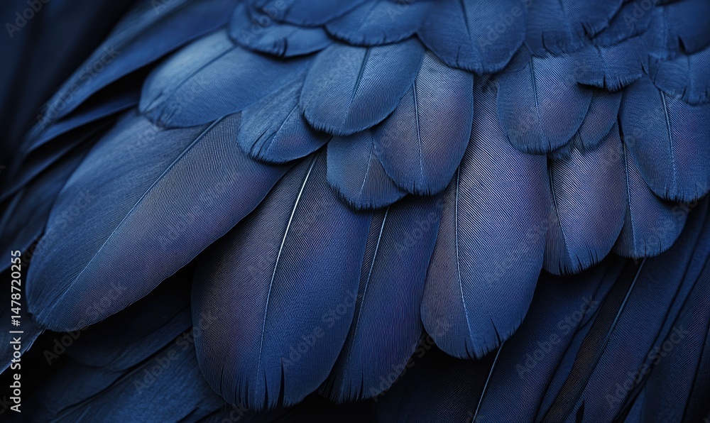 Obraz premium Close-up view of deep blue bird feathers. Densely packed, overlapping feathers in varying shades of deep blue. Intricate texture and details visible