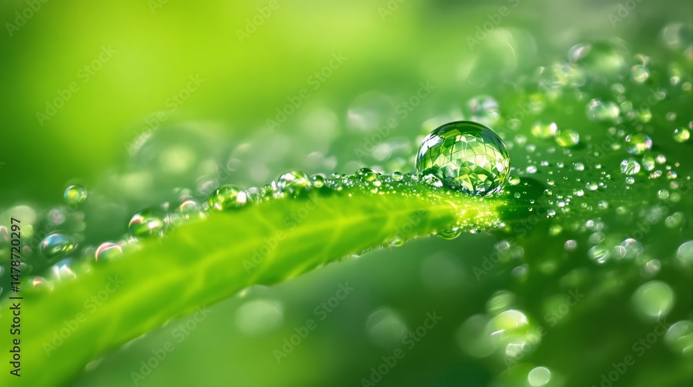 Macro photo of fresh morning dew drops on a green leaf, reflecting sunlight. Vibrant nature detail. Macro photo of fresh morning dew drops on a green leaf, reflecting sunlight. Vibrant nature detail.