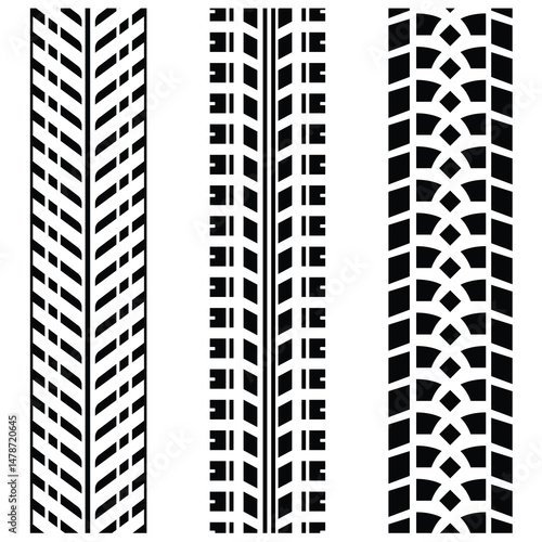 Tire tracks, tire tread print isolated on white background. Road car tires print and all-terrain trucks, Tire track print. Tire ground imprints vector illustration. Machinery protectors prints track. 