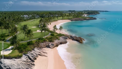 Aerial view of tropical golf course, sandy beach, turquoise ocean, palm trees, and coastal rocks under a bright blue sky, idyllic Caribbean setting.