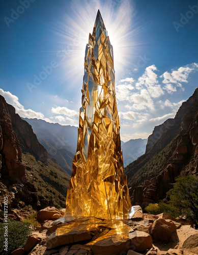 futuristic city, vertical architecture, mountain valley, glowing tower, dramatic landscape, science fiction, isolated structure, surreal environment, towering spire, advanced civilization, wilderness,