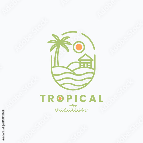 Simple monoline tropical palm tree, beach, cabin logo vector illustration design.