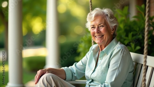 A smiling senior woman sits on a porch swing, enjoying a sunny day , elderly woman, senior portrait, happy