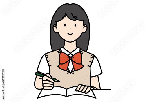 勉強する高校生 ベスト リボン 半袖 黒髪ロング