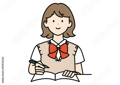 勉強する高校生 ベスト リボン 半袖 短髪