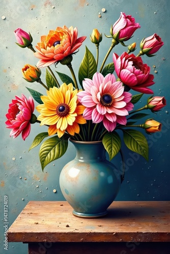 Wallpaper Mural Vibrant floral arrangement in a rustic vase on a weathered wooden surface Torontodigital.ca