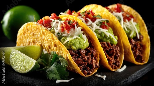 Delicious tacos with guacamole, cilantro, and lime.