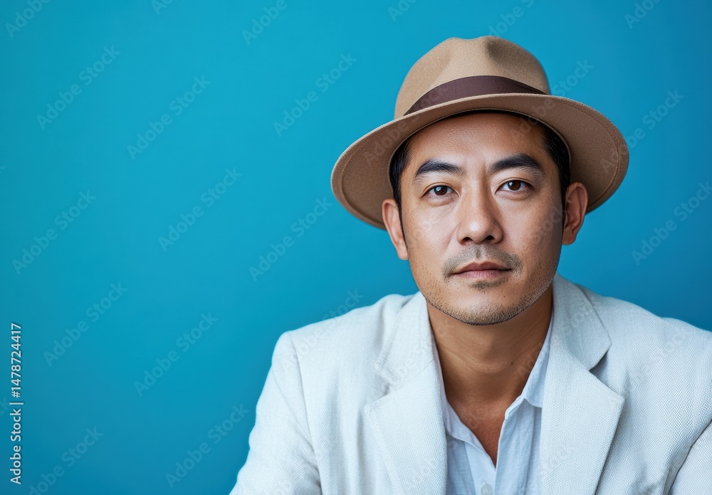 Stylish Asian man in a trendy hat stands confidently against a clean turquoise background, blending relaxed posture with effortless charisma. Stylish Asian man in a trendy hat stands confidently against a clean turquoise background, blending relaxed posture with effortless charisma.