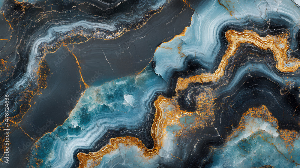 Fototapeta premium Black and blue marble stone background, fossil texture