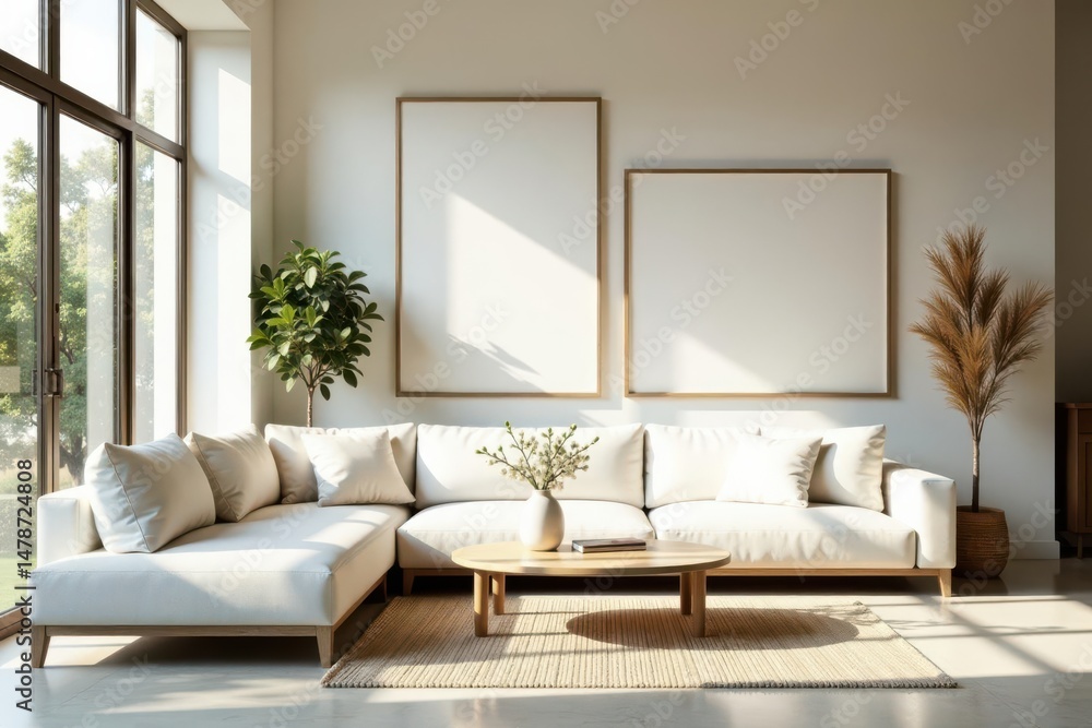 Fototapeta premium Serene Minimalist Living Room Design with Natural Light and Neutral Tones Featuring a Comfortable Sectional Sofa and Stylish Wooden Coffee Table