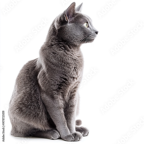 Elegant russian blue cat poses gracefully against a clean white backdrop