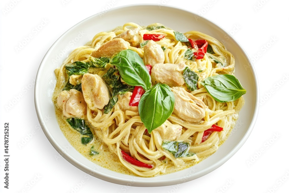 Delicious Thai green curry chicken pasta dish. Delicious Thai green curry chicken pasta dish.