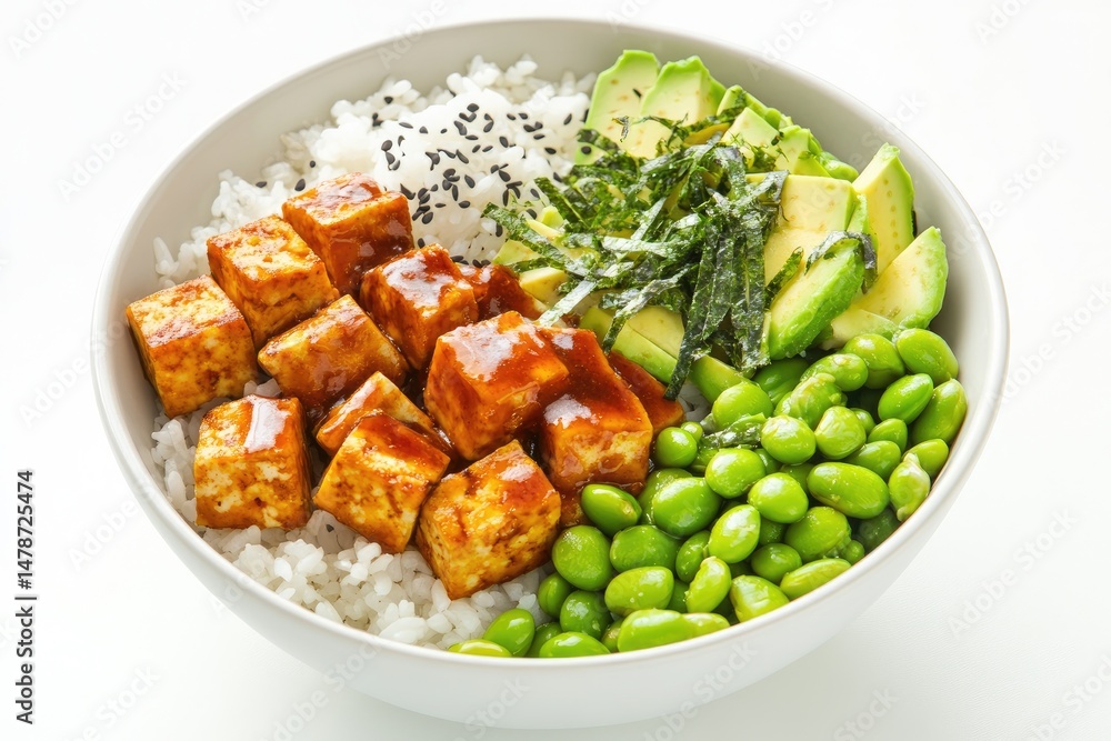 Delicious tofu bowl with rice, avocado, and edamame. Delicious tofu bowl with rice, avocado, and edamame.