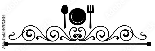Editable Elegant black and white food menu header vector with decorative swirls and cutlery symbols. Ideal for restaurant menus, cafe signage, invitations, and culinary design projects.