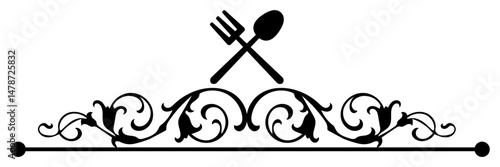 Editable Elegant black and white food menu header vector with decorative swirls and cutlery symbols. Ideal for restaurant menus, cafe signage, invitations, and culinary design projects.