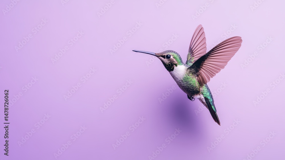 Fototapeta premium Hummingbird in Mid-Flight Against a Pastel Violet Backdrop, Detailed Plumage