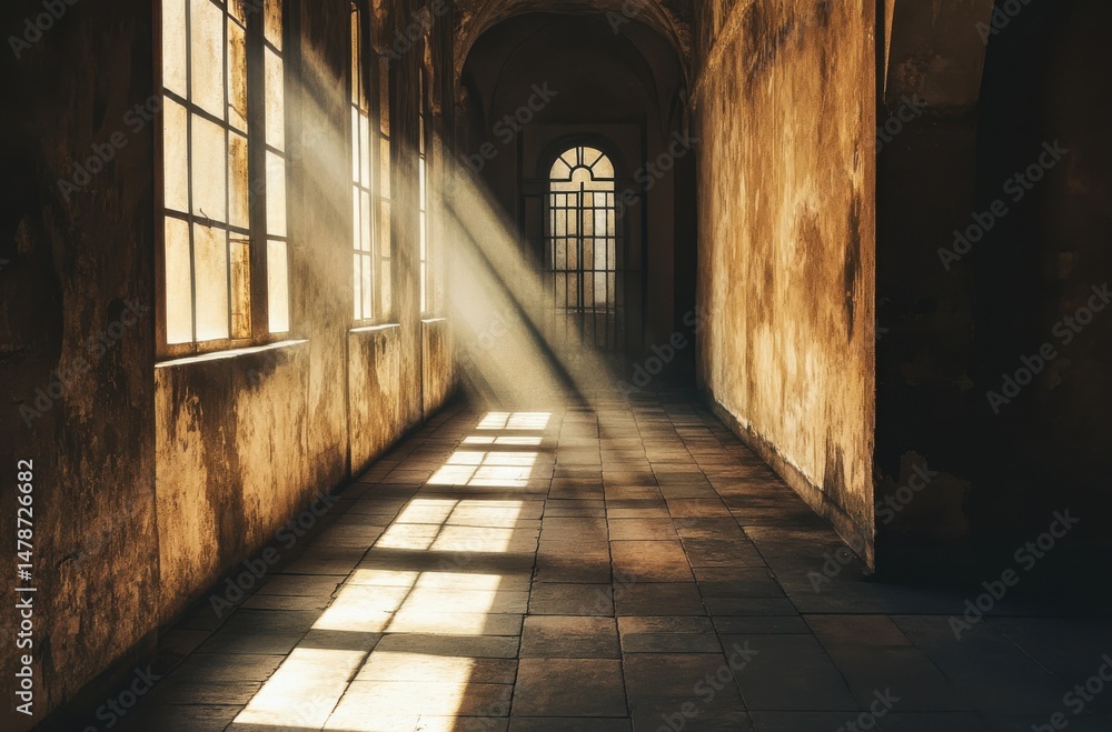 Fototapeta premium Long sunbeams cutting across a forgotten corridor, casting sharp