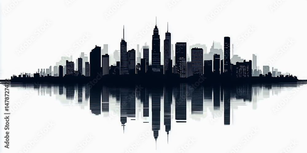 Fototapeta premium Vector illustration of a black silhouette of a city skyline with reflections on calm water, with skyscrapers and a sunset backdrop.