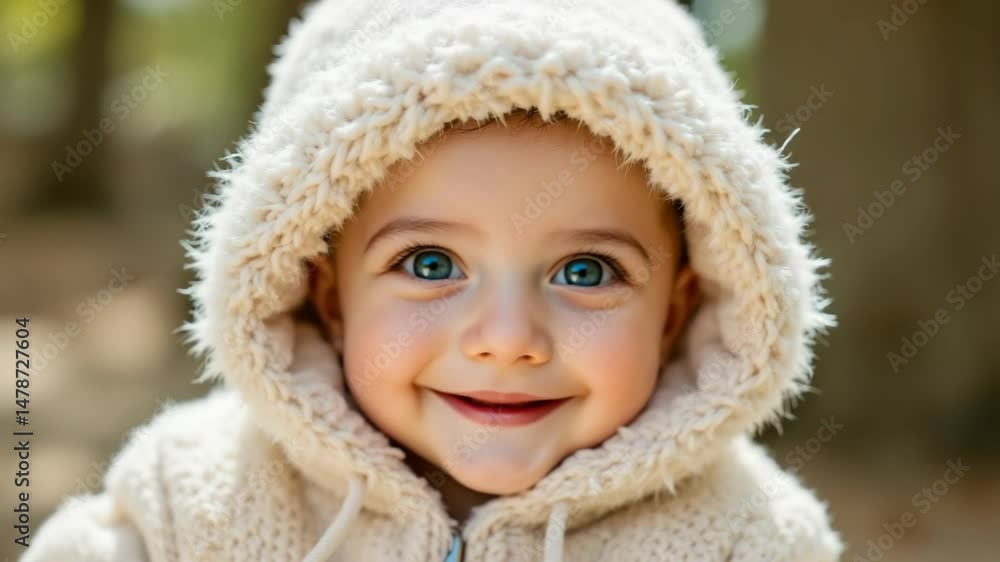A serene child rests with closed eyes, wearing a cozy, fluffy hood in a natural outdoor setting. A serene child rests with closed eyes, wearing a cozy, fluffy hood in a natural outdoor setting.
