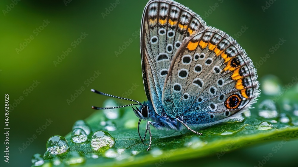 Obraz premium Dew-kissed butterfly resting on leaf in lush garden (1)