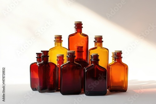 A collection of amber and brown glass bottles with cork stoppers, illuminated by sunlight.