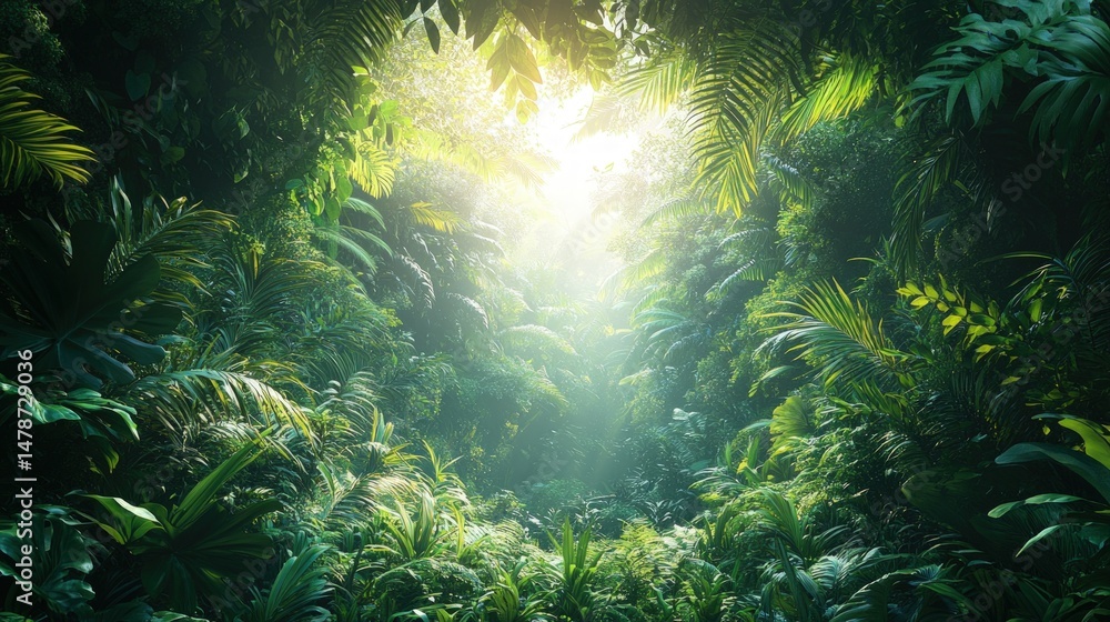 Obraz premium Lush jungle pathway bathed in sunlight