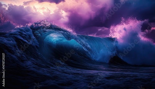 Dramatic ocean wave at sunset