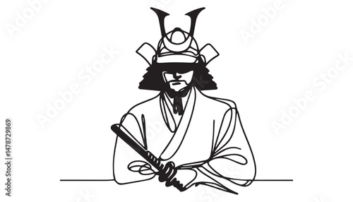 Continuous one single minimal line drawing Samurai