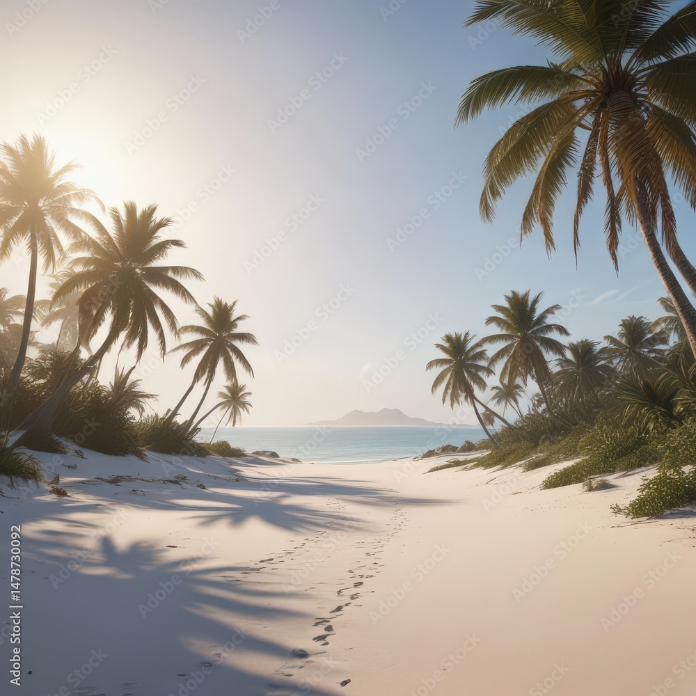 Obraz premium White sand, palm trees silhouette, distant island, travel, horizon, silhouette