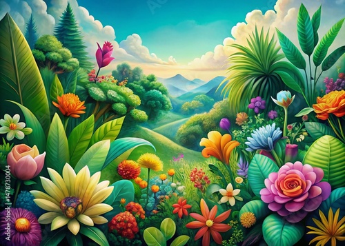 Vibrant Floral Illustrations on Sustainable Eco-Friendly Background - Stock Photo