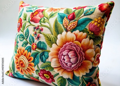 Vibrant Floral Throw Pillow with Intricate Pattern - Stock Photo