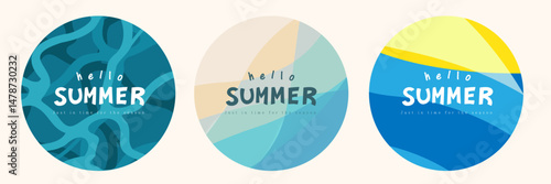 Set of minimalist summer posters with abstract shapes in round frames. Soft tones and layered designs make it perfect for seasonal ads, web, and creative layout backgrounds.