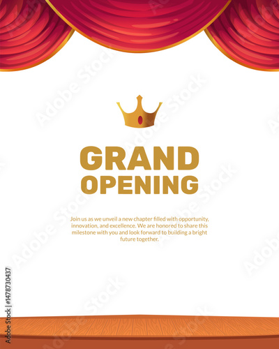 Grand Opening Poster with Crown and Red Curtain Background