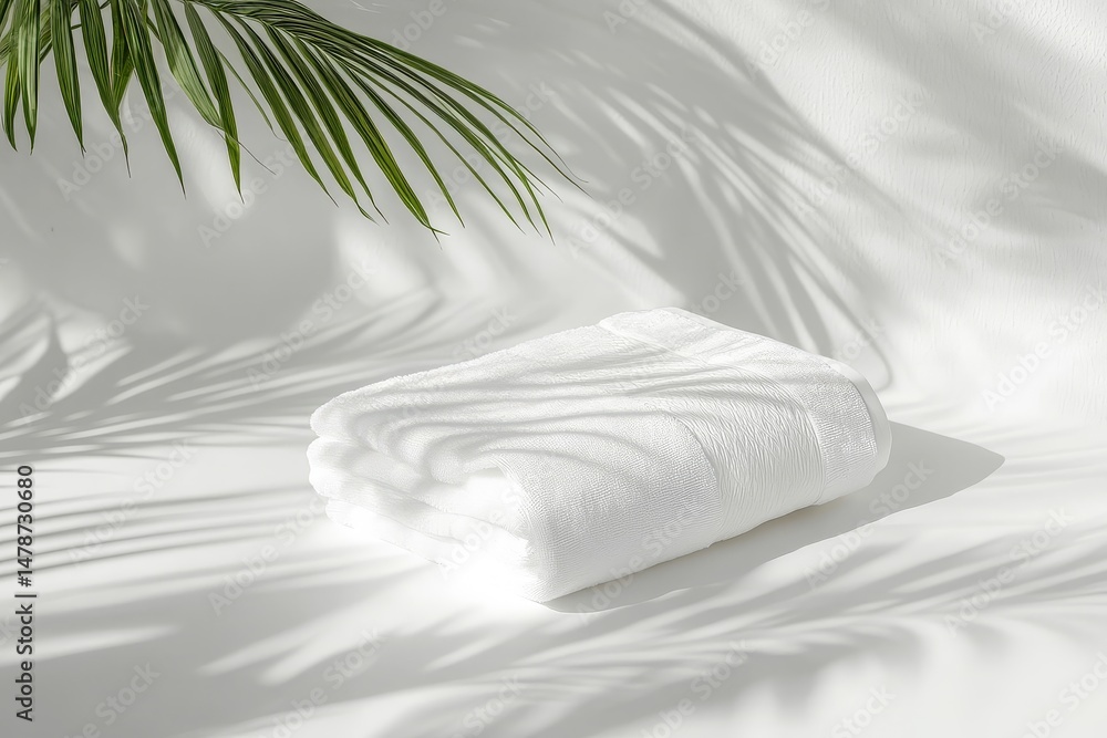 Obraz premium Soft and luxurious white beach towel neatly folded on clean white surface, symbolizing relaxation by the shore.