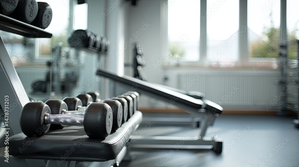 Fototapeta premium Modern empty gym with weight benches and dumbbells under soft natural light, minimalistic fitness training room interior with clean equipment and spacious layout for workout inspiration.