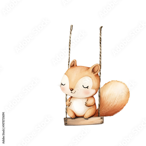 Squirrel swinging enchanted forest watercolor art playful environment close-up kawaii style