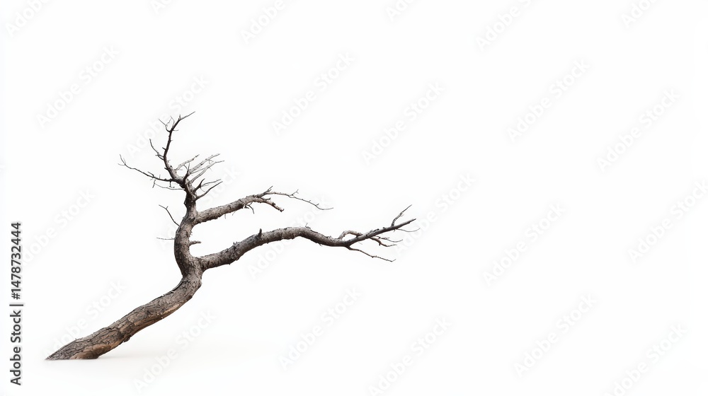 Fototapeta premium Isolated skeletal tree with bare branches on stark white background scenery